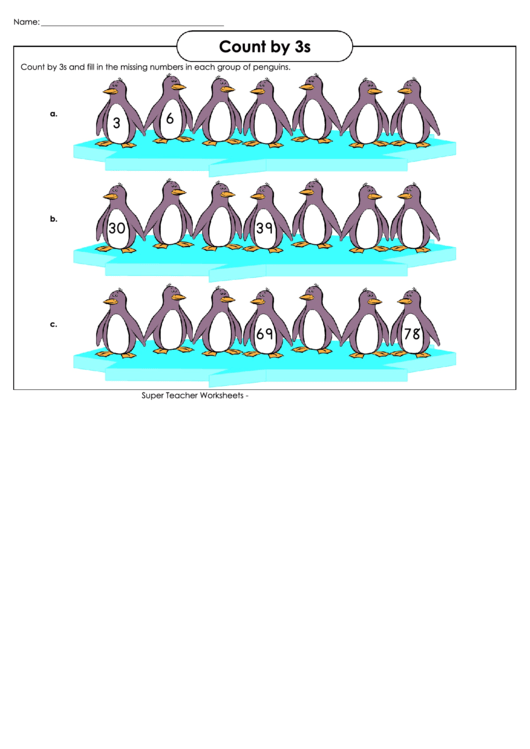 Skip Counting By 3s Penguins Worksheet Printable pdf