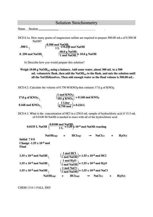 Solution Stoichiometry Worksheet Printable pdf