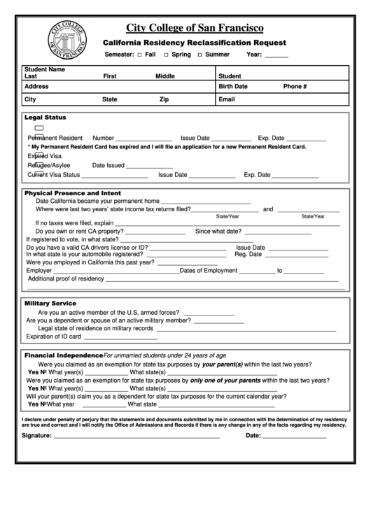 California Residency Reclassification Form Printable pdf