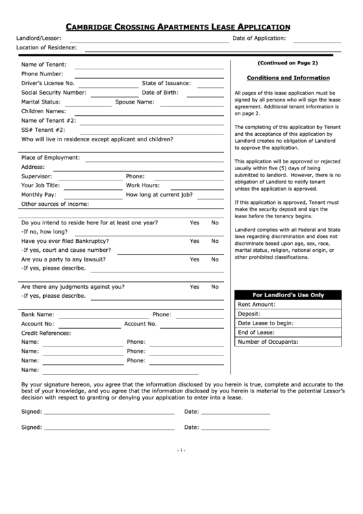 Cambridge Crossing Apartments Lease Application Form Printable pdf