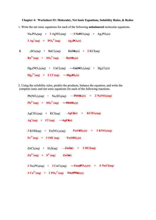 Worksheet: Molecular, Net Ionic Equations, Solubility Rules, And Redox Printable pdf
