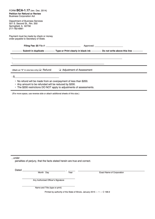 Fillable Form Bca-1.17 - Petition For Refund Or Review Printable pdf