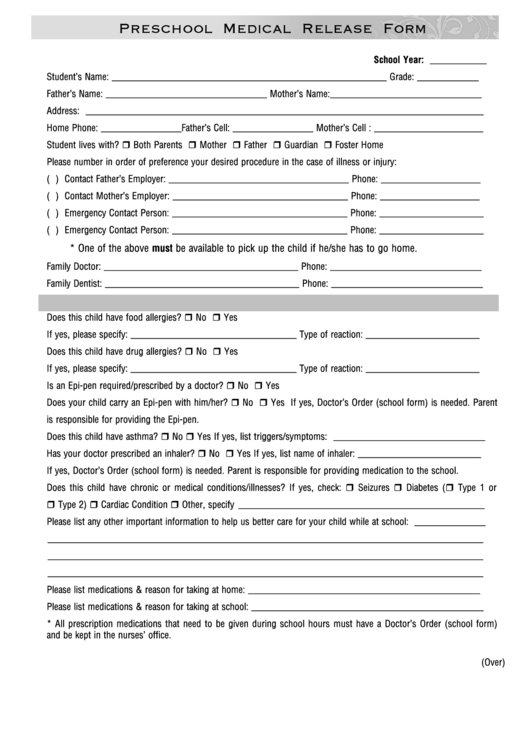 Preschool Medical Release Form Printable pdf