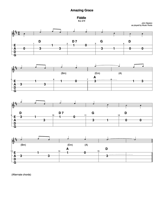 Amazing Grace - Fiddle - Key Of D Printable pdf