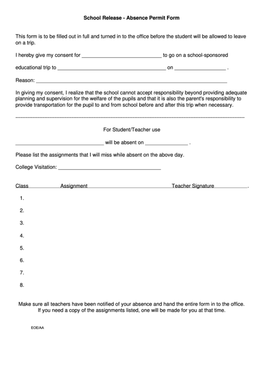 School Release - Absence Permit Form Printable pdf