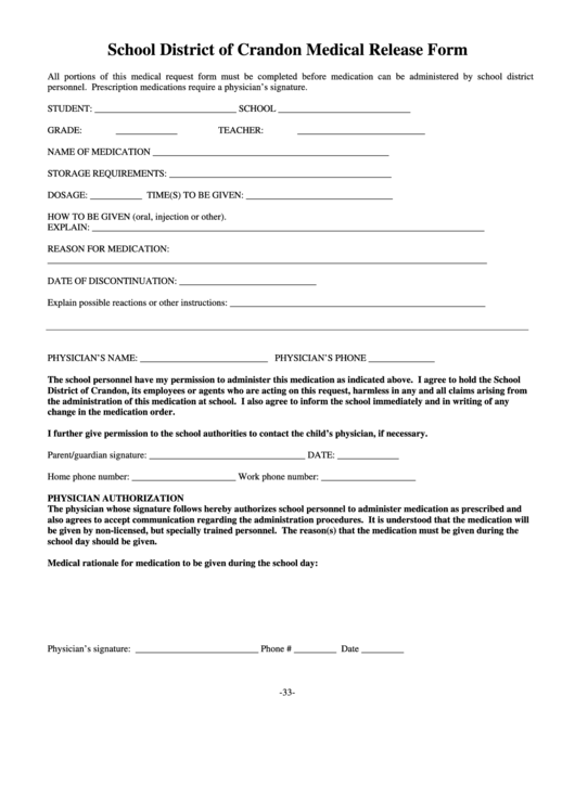 School District Of Crandon Medical Release Form Printable pdf