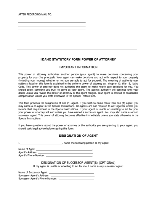 Fillable Idaho Statutory Form Power Of Attorney Template Printable pdf