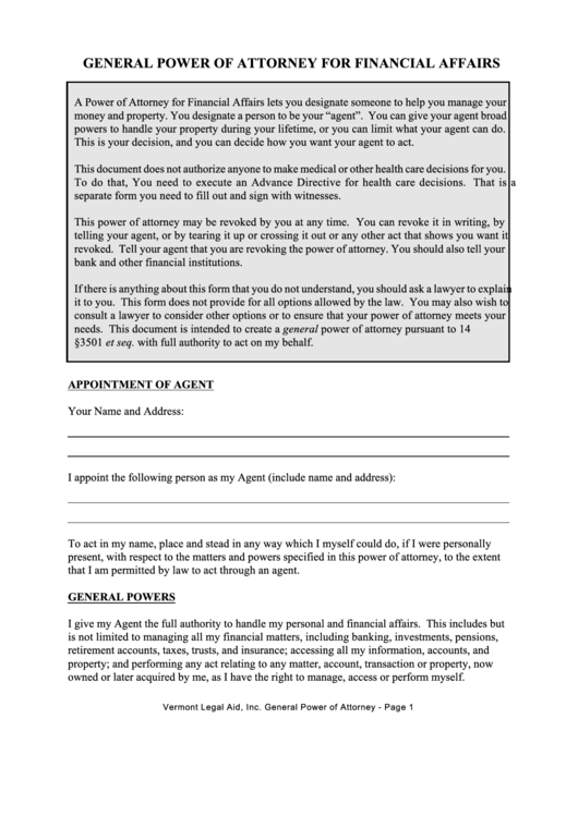 Fillable General Power Of Attorney For Financial Affairs Form Printable pdf
