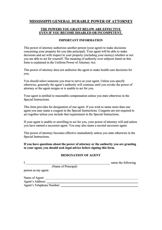 Fillable Mississippi General Power Of Attorney Form Printable pdf