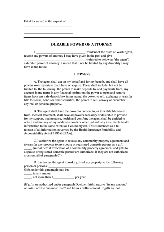 Fillable Durable Power Of Attorney Form State Of Washington Printable Pdf Download