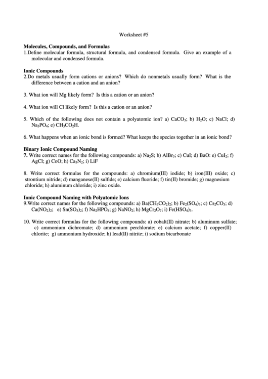 Chemistry Worksheets Printable pdf