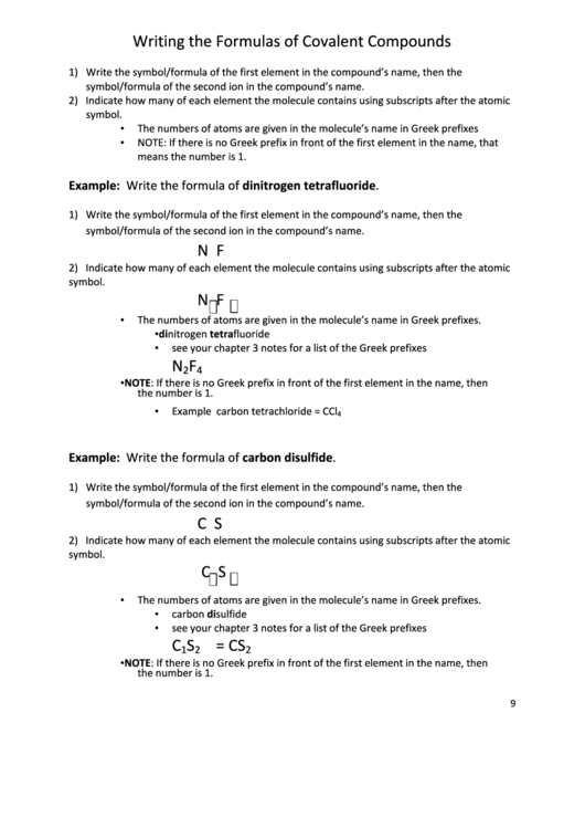 Writing The Formulas Of Covalent Compounds Printable pdf