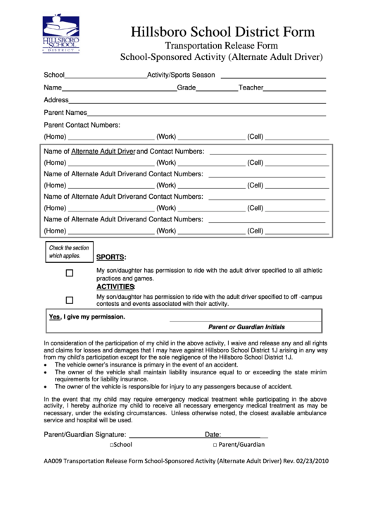 Fillable Transportation Release Form Printable pdf