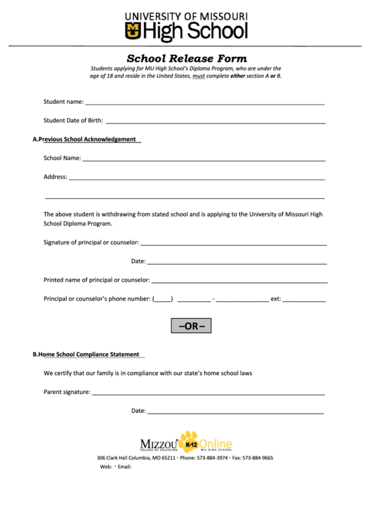 School Release Form Printable pdf