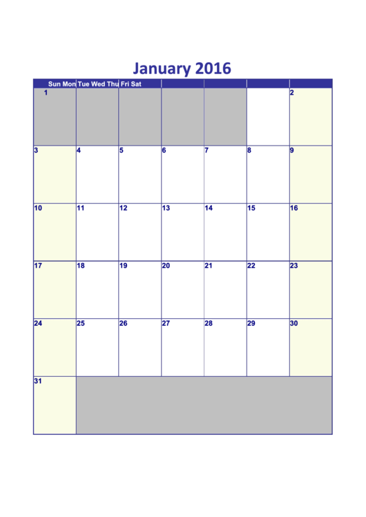 January 2016 Calendar Template - Vertical Printable pdf