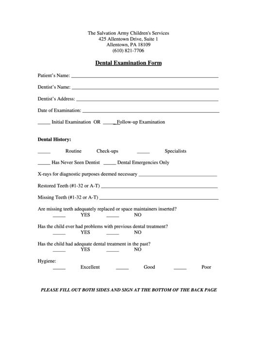 Printable Dental Examination Form