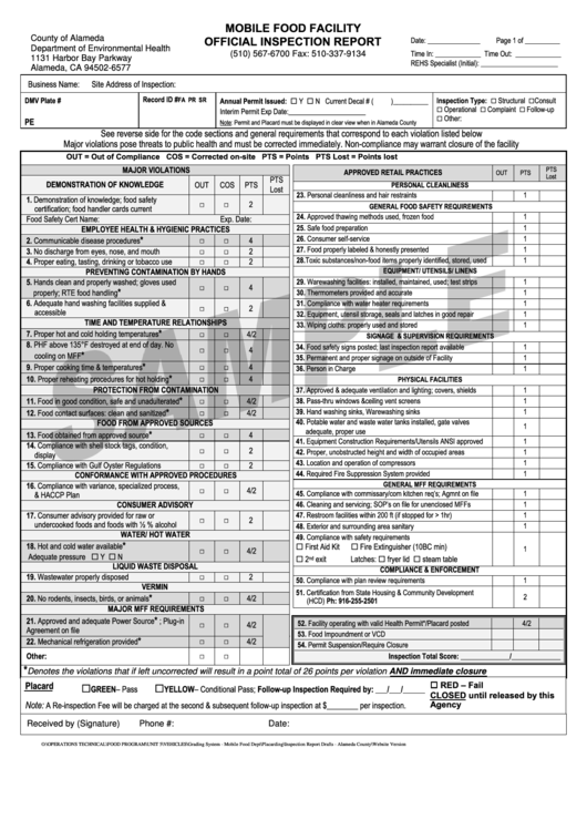 Mobile Food Facility Official Inspection Form Sample - Alameda County Printable pdf