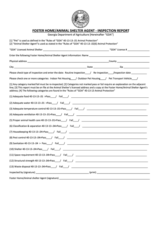Foster Home/animal Shelter Agent - Inspection Report