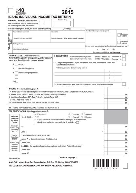 Form 40 Idaho Individual Income Tax Return 2015 Printable pdf