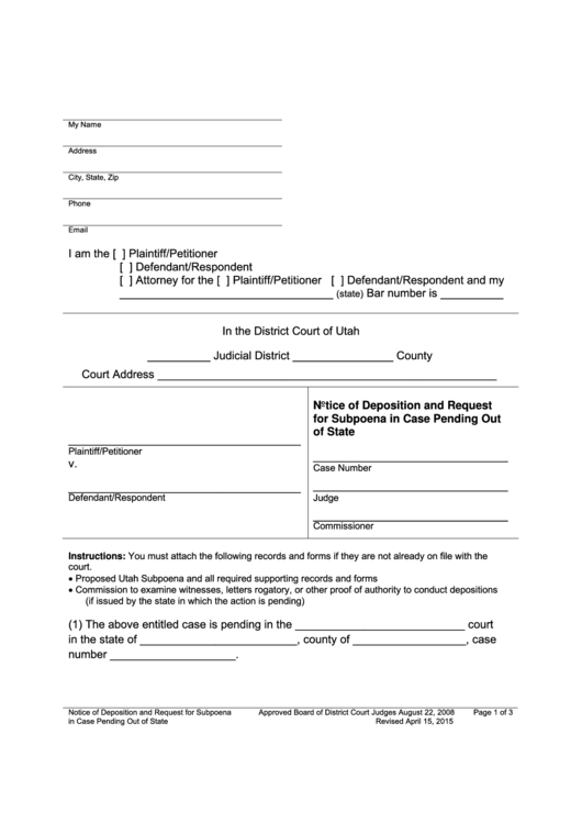 Notice Of Deposition And Request For Subpoena In Case Pending Out - Utah District Court Printable pdf