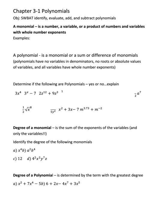 Identifying, Evaluating, Adding And Subtracting Polynomials Worksheet Printable pdf