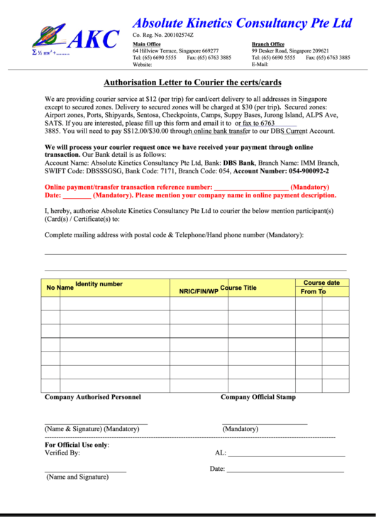 Authorisation Letter To Courier The Certs/cards Printable pdf
