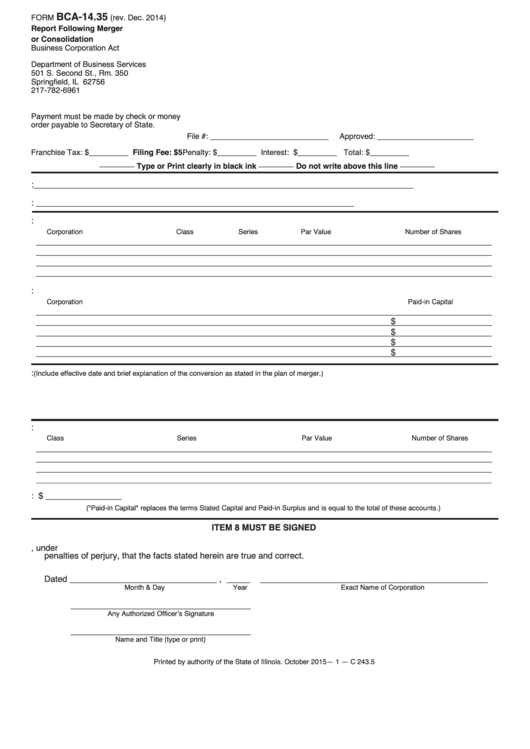 Fillable Form Bca-14.35 - Report Following Merger Or Consolidation Printable pdf