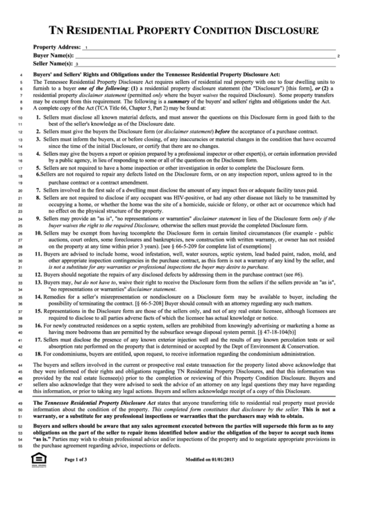 Fillable Tennessee Residential Property Condition Disclosure Template Printable pdf