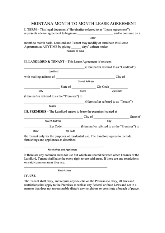 Montana Month To Month Lease Agreement Template