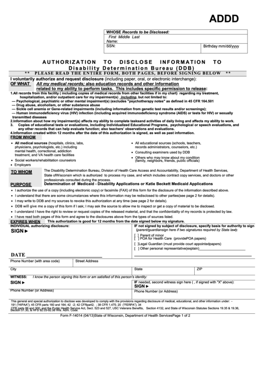Authorization To Disclose Information To Disability Determination Bureau (Ddb) Printable pdf