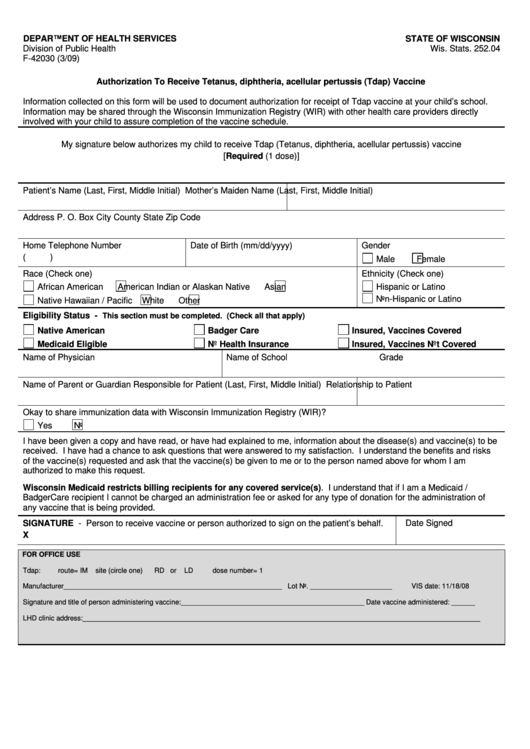 Form F-42030 - Authorization To Receive Tetanus, Diphtheria, Acellular Pertussis (Tdap) Vaccine Printable pdf