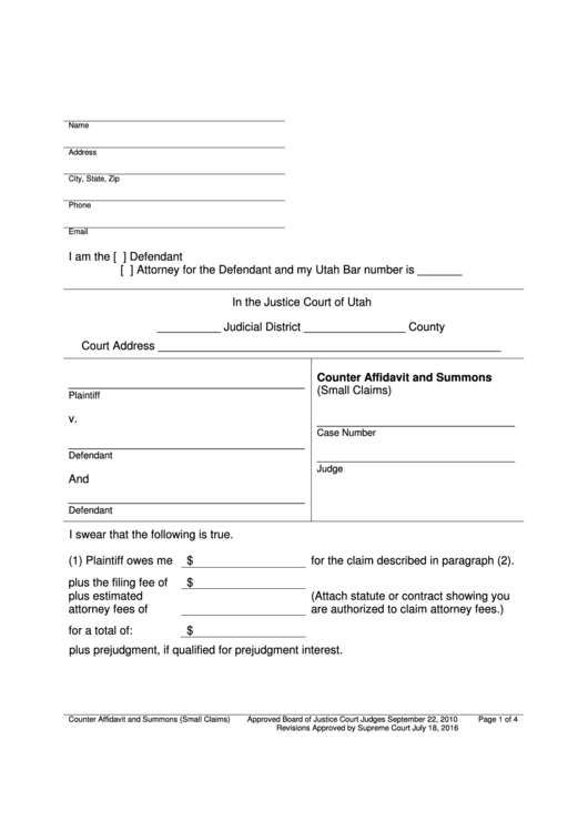 Counter Affidavit And Summons (Small Claims) Form Printable pdf