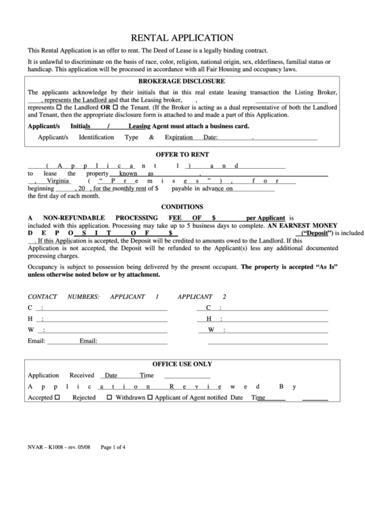 Form Nvar - K1008 - Rental Application Printable pdf