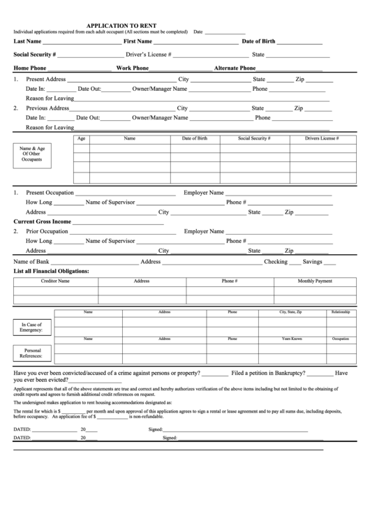 Fillable Application To Rent Printable pdf