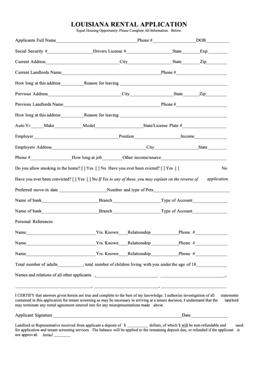 Fillable Louisiana Rental Application Template Printable pdf