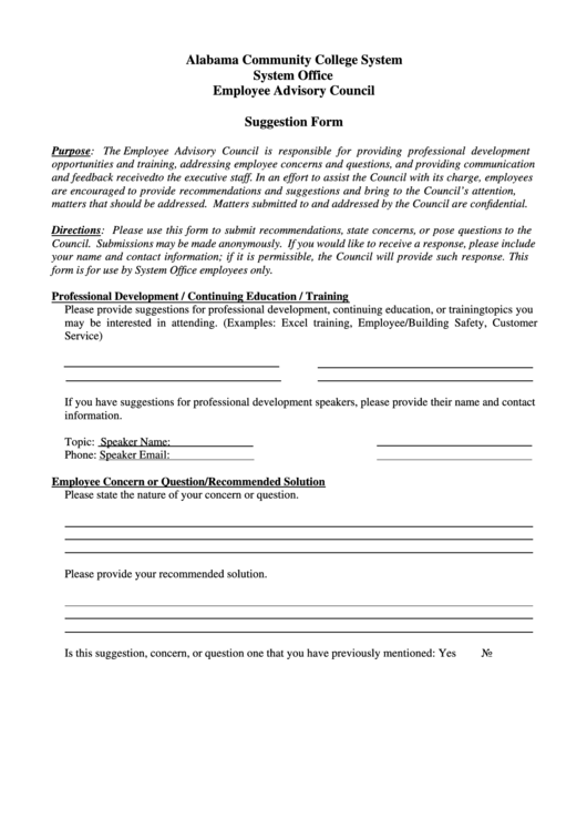 Fillable Employee Advisory Council Suggestion Form Printable pdf
