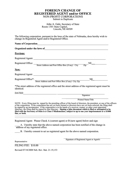 Fillable Foreign Change Of Registered Agent And Or Office - Non-Profit Corporations - Nebraska Secretary Of State Printable pdf