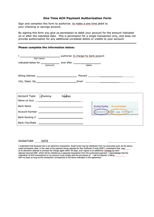 Fillable One Time Ach Payment Authorization Form Printable pdf