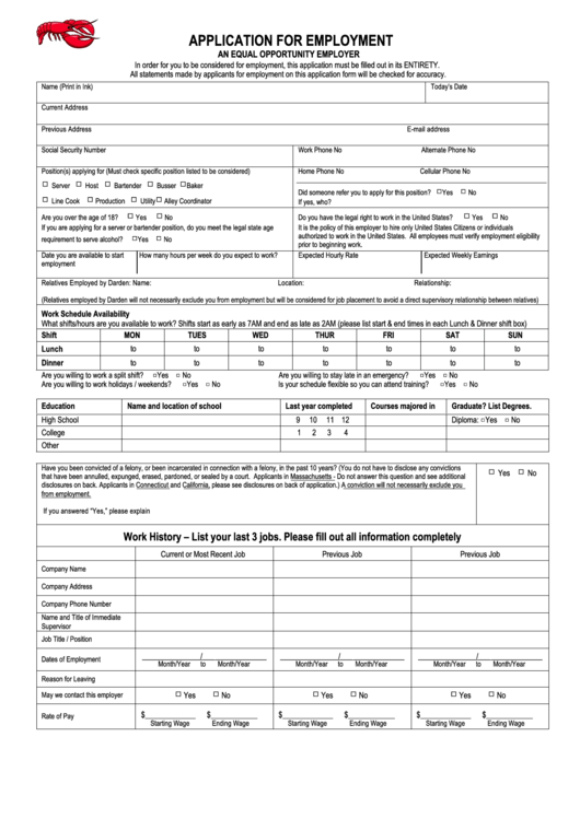 Fillable Application For Employment Form Printable pdf