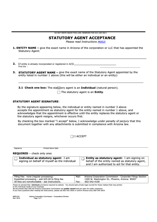 Form M002.001 - Statutory Agent Acceptance - 2010