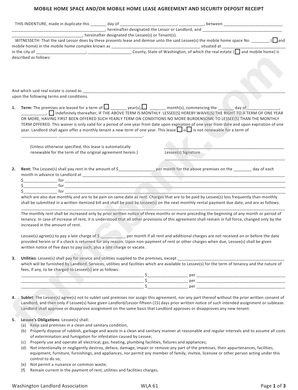 Mobile Gome Space And Mobile Home Lease Agreement Printable Pdf Download