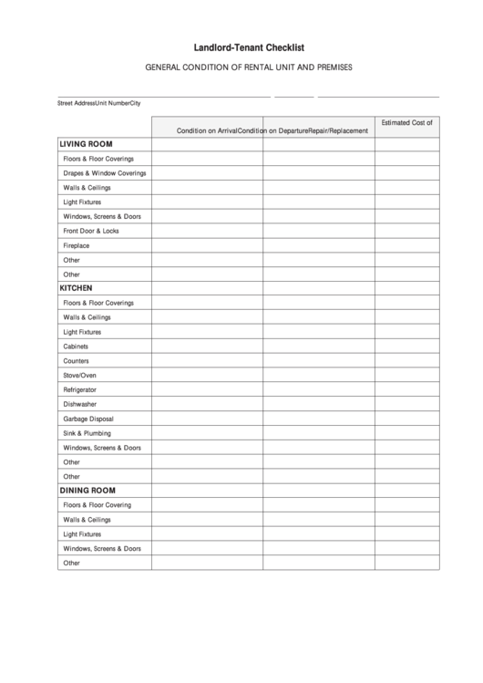 LandlordTenant Checklist Template General Condition Of Rental Unit