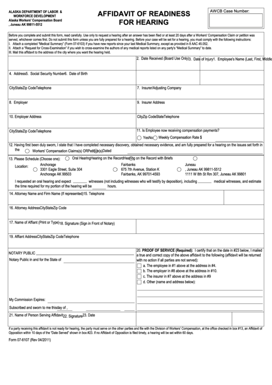 Fillable Form 07-6107 - Affidavit Of Readiness For Hearing Printable pdf