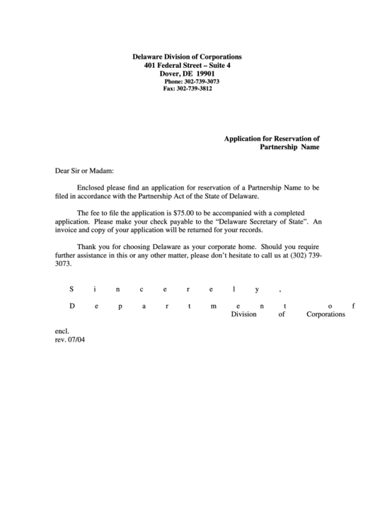 Application For Reservation Of Partnership Name - Delaware Division Of Corporations Printable pdf