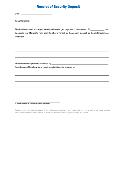 Fillable Receipt Of Security Deposit Printable pdf