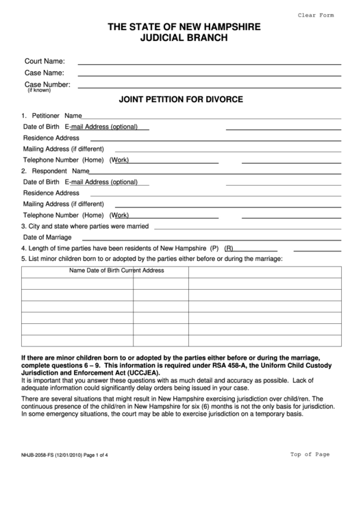 Fillable Joint Petition For Divorce Printable pdf