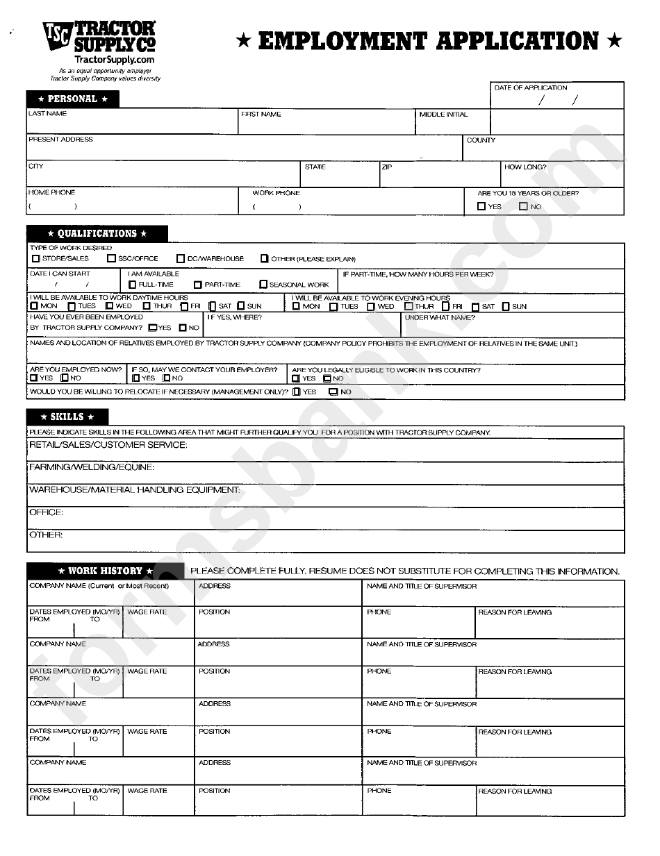 Tractor Supply Job Application Form