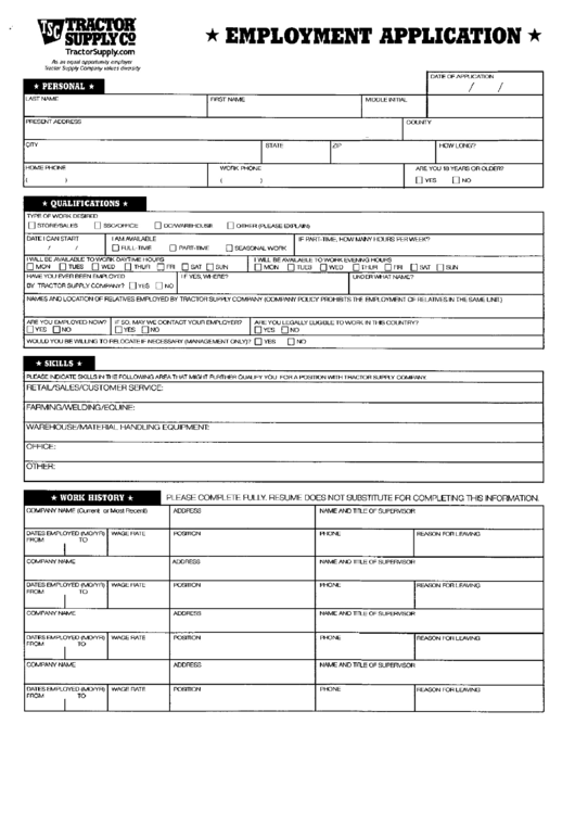 Fillable Tractor Supply Job Application Form Printable pdf