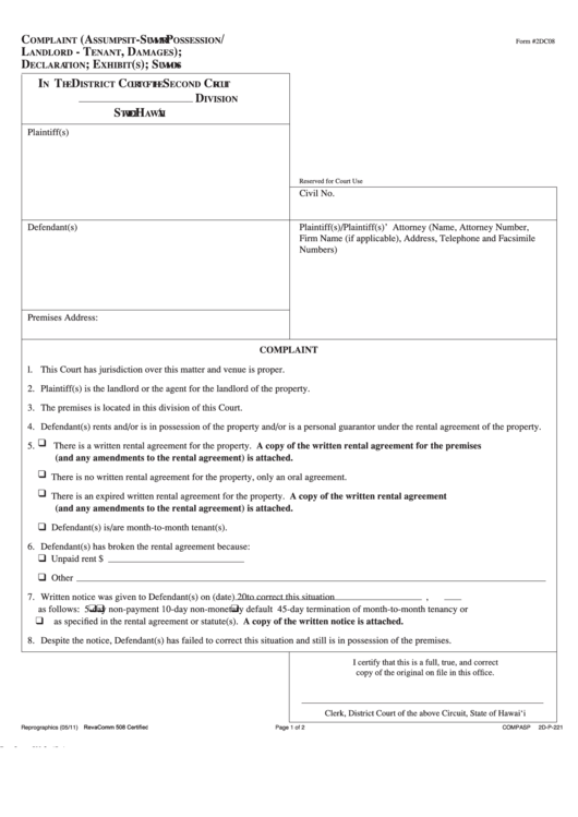 Fillable Complaint Form Hawaii Printable pdf
