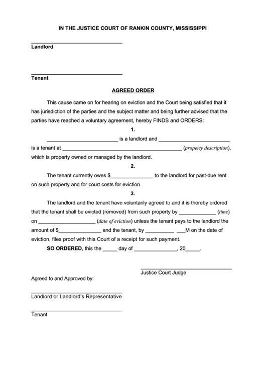 Agreed Order Form - Justice Court Of Rankin County, Mississippi Printable pdf